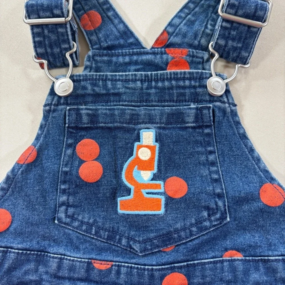 Toddler 18M Denim Overalls Orange‎ Polka Dots Adjustable Straps Snap Legs Cute